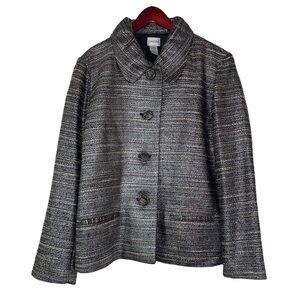 Chicos metallic thread blazer jacket button-front collared long sleeve silver XL